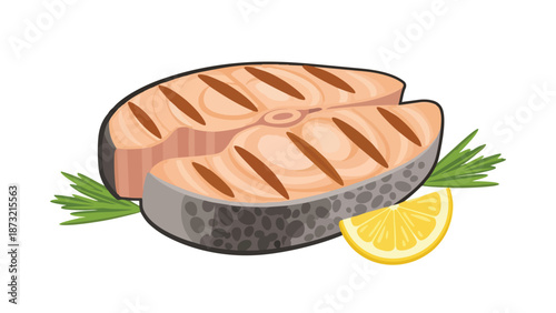 Perfectly grilled salmon steak illustration with fresh lemon and aromatic rosemary sprigs