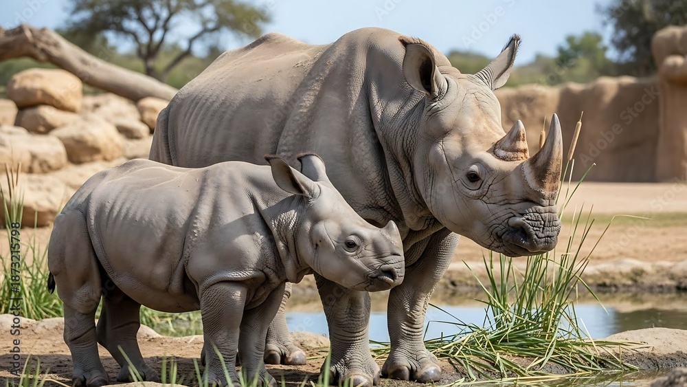 Fototapeta premium Rhino and calf in savannah habitat.