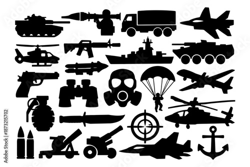 Military equipment silhouettes featuring vehicles, weapons, and gear icons.