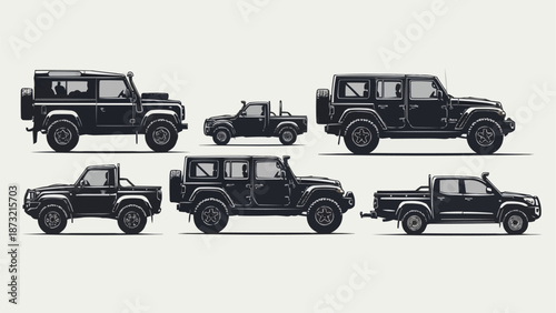 Collection of Black SUVs and Trucks Side View.
