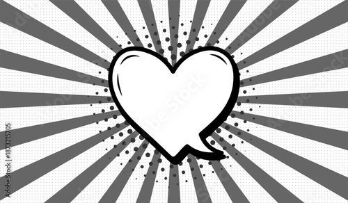A heart-shaped speech bubble in retro comic style on a black and white background. Speech bubbles with semitones and radial rays, or elements of cartoon design, comics. Vector illustration.