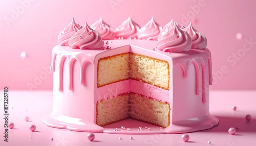 Pink Layered Cake with Dripping Icing and Cream Swirls on Pastel Background