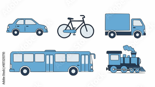 Collection of blue transportation vehicles including car bicycle bus train and truck.