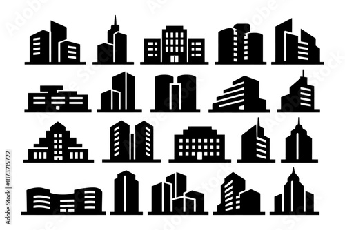 Silhouette collection of modern skyscrapers and urban buildings.