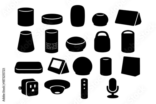 Silhouettes of various smart speakers and voice assistants.