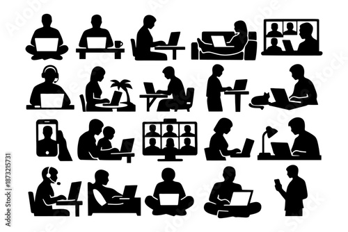 Diverse silhouettes of people using technology for work and communication.