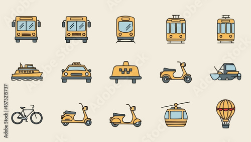 Collection of diverse transportation icons for urban travel.