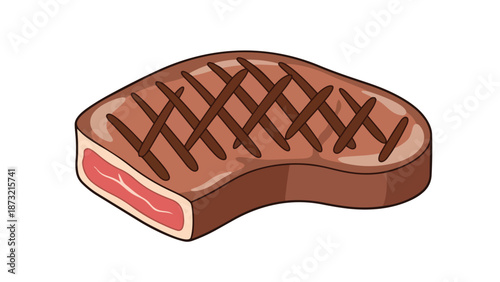 A vividly colored cartoon illustration of a perfectly cooked steak, complete with distinct char marks and a juicy pink interior, ideal for culinary