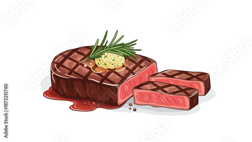 Vibrant graphic of perfectly grilled steak distinct grill marks fresh rosemary luscious melting butter two tender slices succulent pink interior