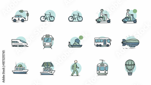 Collection of diverse transportation icons in flat design style.