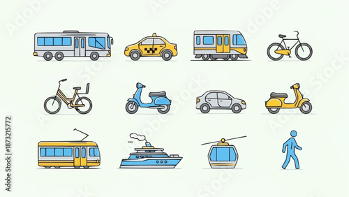 Collection of diverse transportation vehicles and icons.