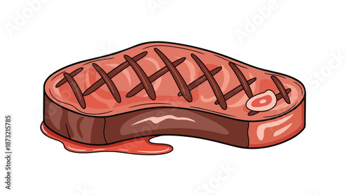 A vibrant cartoon depiction of a perfectly seared steak, showcasing distinct grill marks and appetizing juices, ideal for culinary themes and hearty