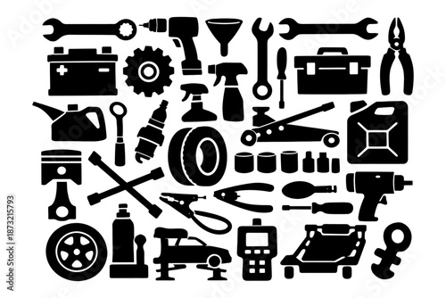 Automotive tools and equipment silhouettes collection.