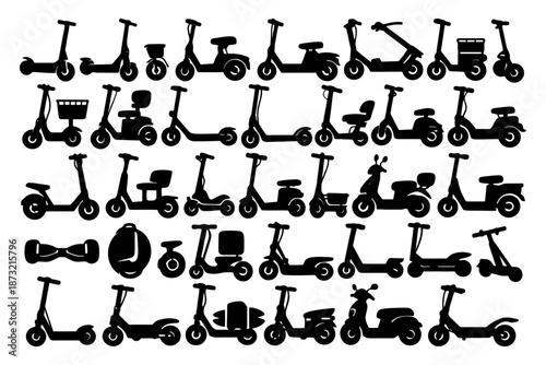 Diverse collection of electric scooter and segway silhouettes.