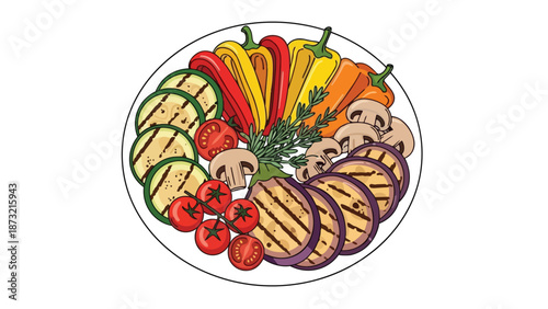 A vibrant assortment of freshly grilled vegetables arranged artfully on a white plate, showcasing a healthy and colorful culinary creation perfect