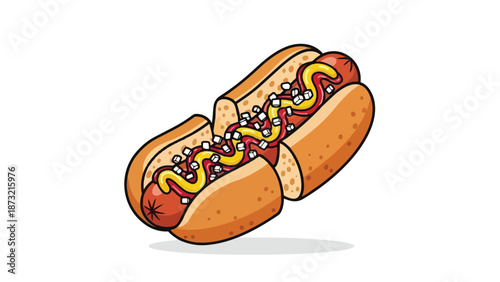 A delightful cartoon illustration of a classic hot dog in a toasted bun, generously topped with vibrant yellow mustard and diced white onions,