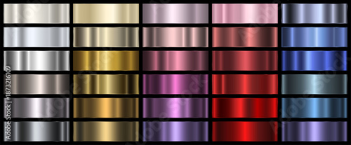 A set of metallic gradients of different colors on a black background. A collection of colored gradients with metallic texture. Polished glossy abstract backgrounds. Vector EPS 10.