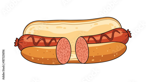 A vibrant cartoon depicting a classic hot dog, neatly sliced open, nestled in a golden bun, highlighting its textured sausage interior with a