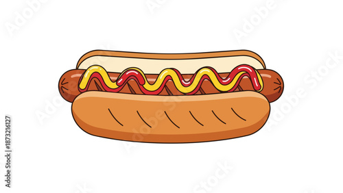 A vibrant cartoon illustration of a classic American hot dog with mustard and ketchup on a soft bun