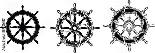 Ship wheel illustrations, nautical icons, maritime helm designs, rope detail, black silhouette, textured steering wheel, sea navigation, vintage marine symbol