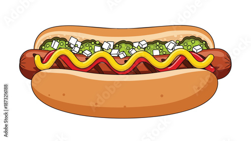 Cartoon depiction of a classic hot dog in a bun, adorned with vibrant relish, ketchup, and mustard.