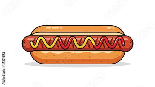 A vibrant cartoon illustration of a classic hot dog, featuring a grilled frankfurter in a golden bun, generously topped with yellow mustard and red