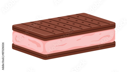 Delicious pink strawberry flavored ice cream dessert bar nestled between two rich chocolatey wafer cookies a classic frozen sweet treat illustration