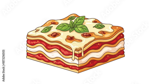 Deliciously layered cartoon lasagna with melting cheese and fresh basil garnish
