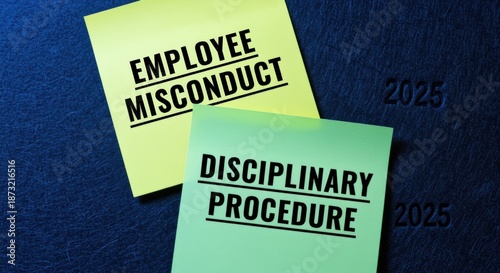 Employee Misconduct and Disciplinary Procedure Sticky Notes on a Dark Blue 2025 Diary