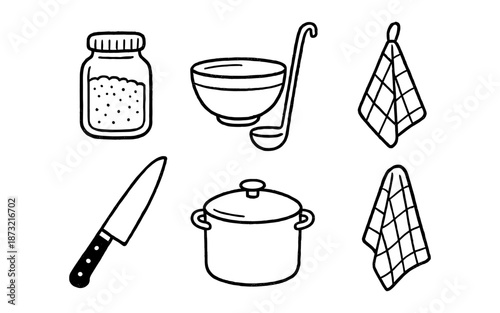 Simple hand-drawn kitchen utensils and dish towels in a clean doodle style
