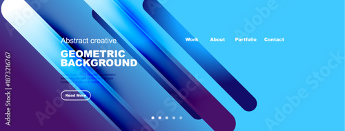 Abstract geometric design. Blue gradients dominate, with white text elements. Website header showcasing navigation options, button visible. Modern aesthetic.