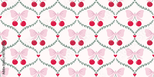 Valentine's day seamless decorative pattern with red cherries tied with soft pink bows, and small heart accents. Romantic coquette wallpaper, Victorian style