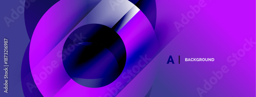 Abstract purple design features overlapping circles, gradients. Modern, dynamic visual presentation. Smooth transitions create depth.