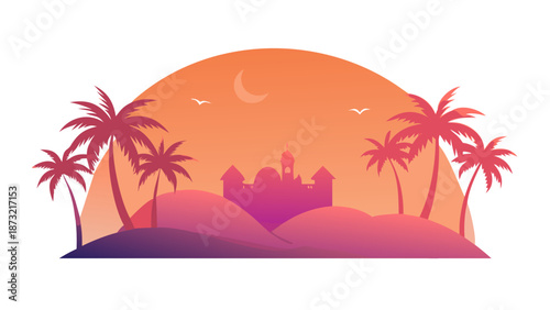 A peaceful silhouette of several palm trees at an oasis during a Ramadan evening. A small mosque dome is visible in the distance. The sky is a gradient of deep orange and soft pink. Exotic and calm 