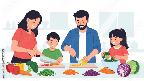 This flat design illustration depicts a joyful family collaborating in the kitchen to prepare a healthy dinner. It captures the essence of togetherness and shared responsibility during meal preparatio