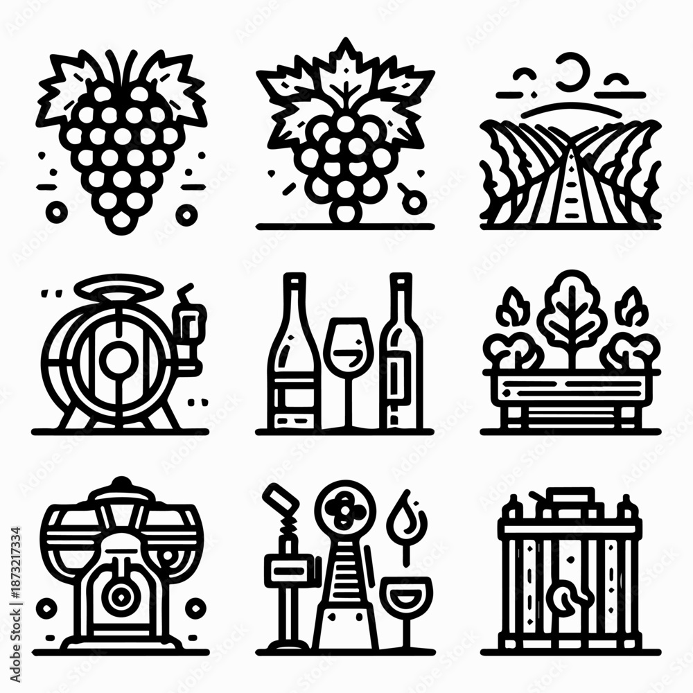 Fototapeta premium A set of nine black and white line icons depicting wine and vineyard related objects on a white background with a minimalist style.