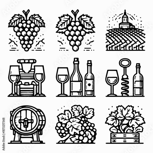A collection of nine black and white line drawings depicting wine-related icons including grapes, bottles, and barrels on a plain background.