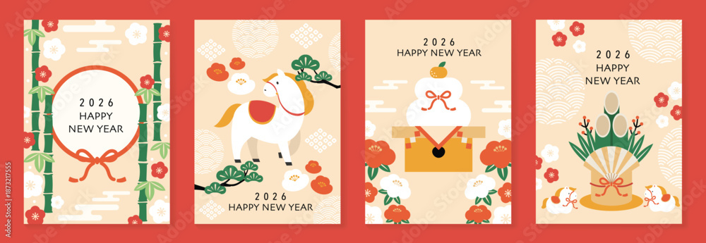 Fototapeta premium Happy New Year 2026 greeting card vector illustration with Japanese pattern background and Year of the Horse design in red, green, and gold. Minimal festive template for invitations and poster.