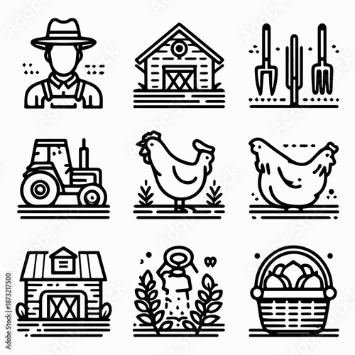 A collection of nine black line icons depicting various farm related objects and animals on a white background.