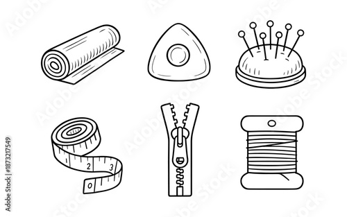 Set of hand-drawn sewing and tailoring tools on a white background