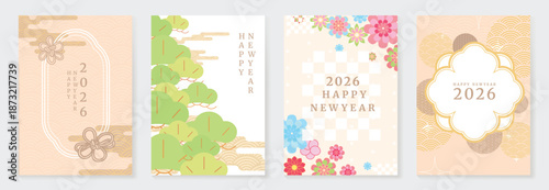 Happy New Year 2026 Japanese greeting card vector set with patterns, plum blossoms, geometric motifs, and elegant gold accents. Design for posters banner and invitation.