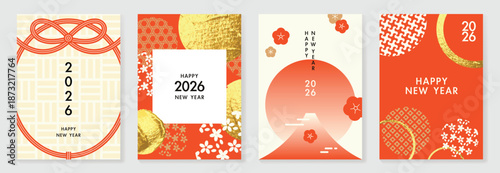Happy New Year 2026 Japanese greeting card vector set with traditional patterns, gold textures, plum blossoms, mizuhiki ribbon, and Mount Fuji. Modern minimal design for posters and invitation.