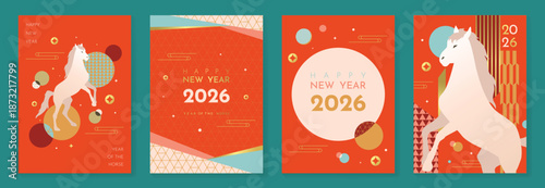 Happy New Year 2026 greeting card vector illustration with Japanese pattern background and Year of the Horse design in red, green, and gold. Minimal festive template for invitations and poster.
