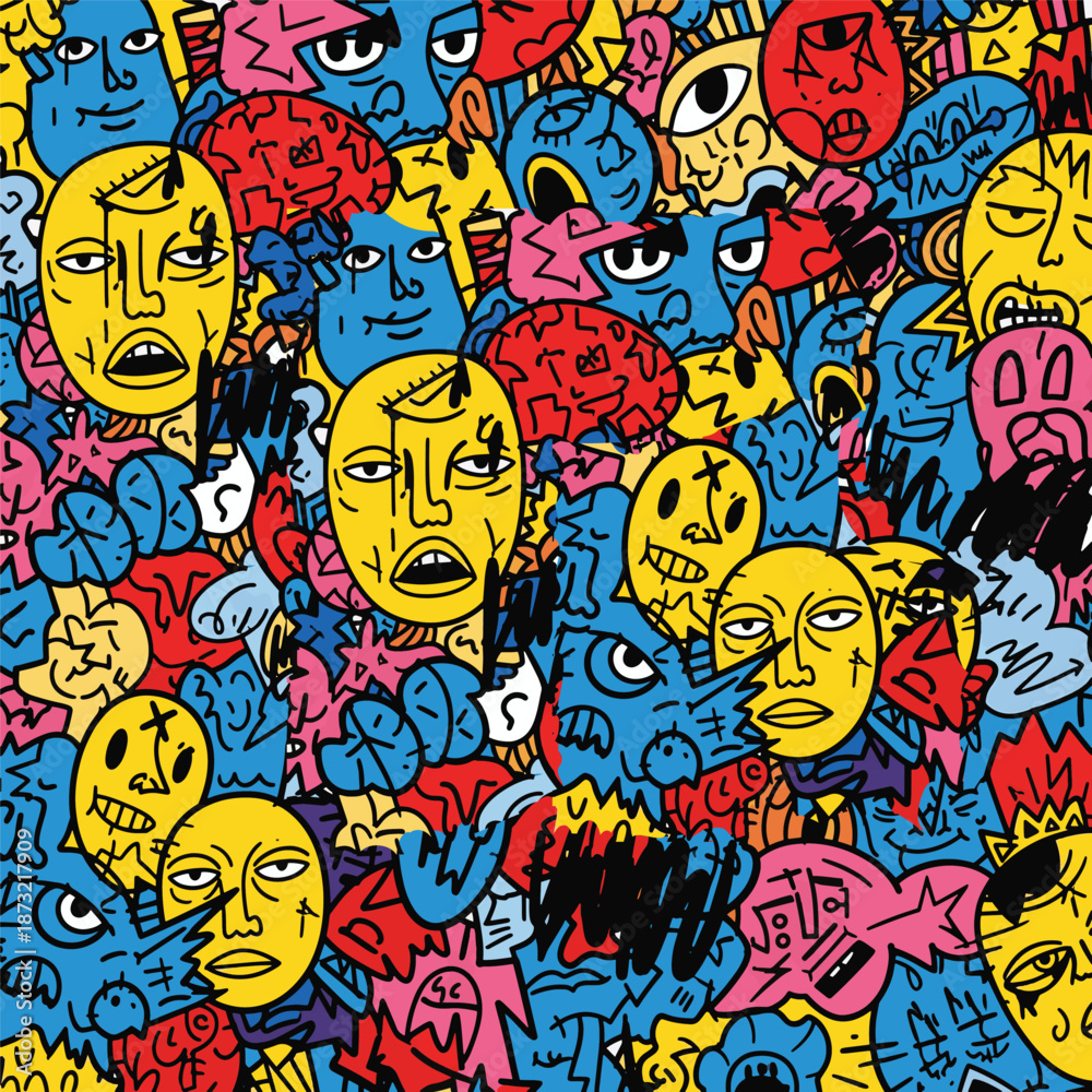 Obraz premium Seamless pattern with colorful abstract doodle faces. Graffiti style urban art vector texture.