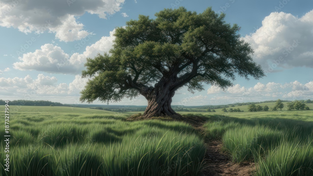 Fototapeta premium Lush landscape with ancient tree