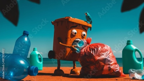 Anthropomorphic Recycling Bin Overwhelmed by Plastic Waste on a Polluted Beach.