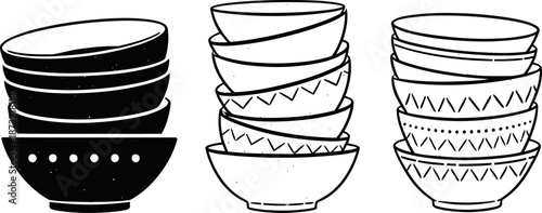 Stacked ceramic bowls set in minimalist black and white simple hand drawn kitchenware dish collection illustration