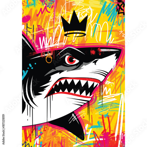 Shark head with crown vertical graffiti poster. Colorful aggressive shark urban art vector.