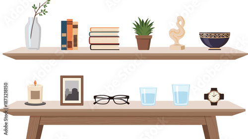 Wooden wall shelves, home decor, organized display, decorative items, modern interior, stylish arrangement, shelf styling, cozy living space