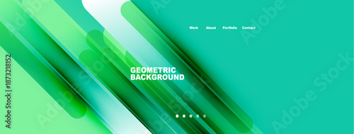 Abstract geometric background. Green shades dominate design. Text elements present, simple navigation visible. Modern, clean aesthetic.
